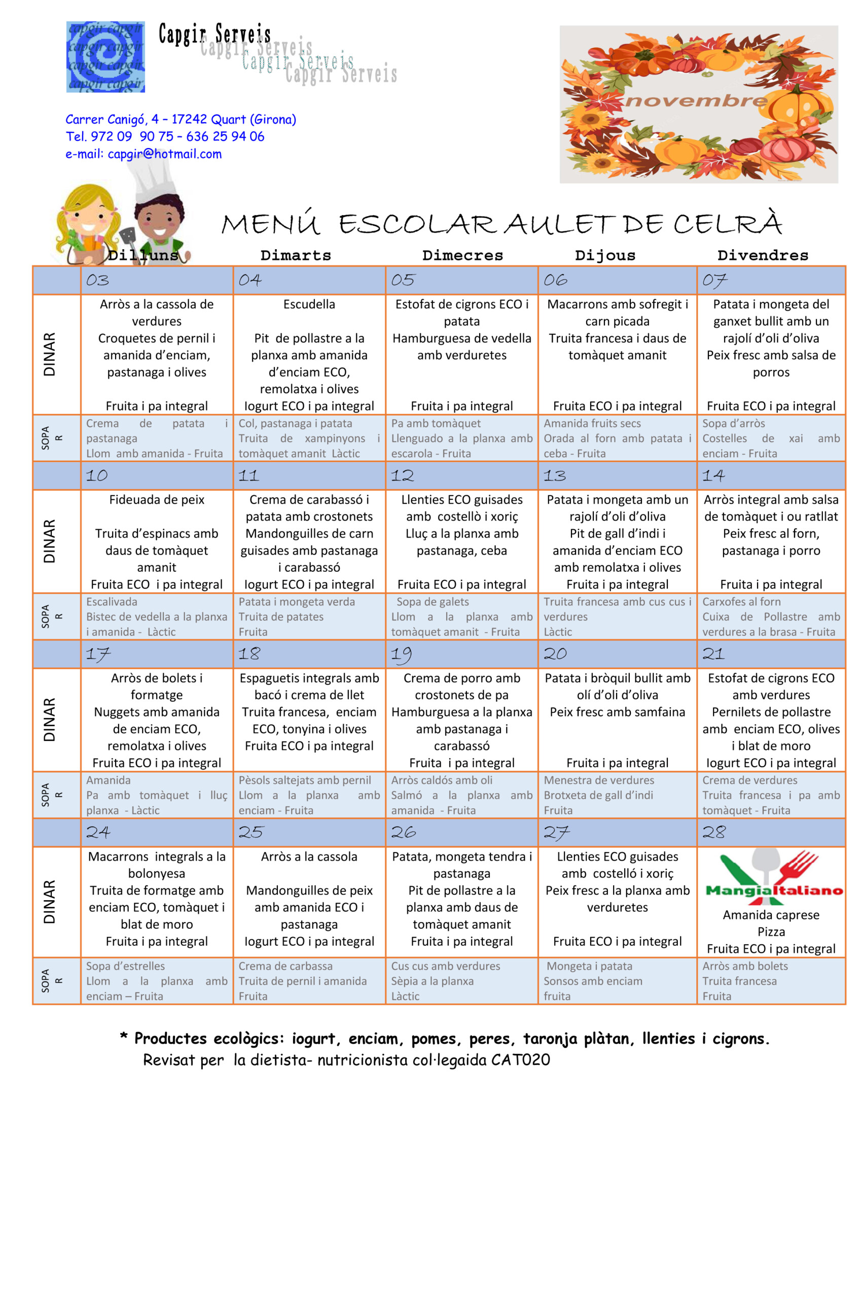 Menú menjador mes de novembre, 2025